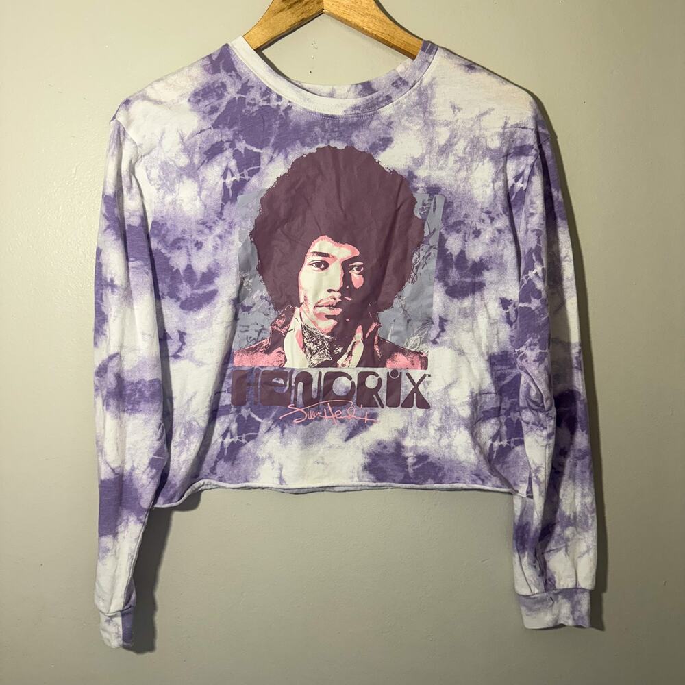 Jimi Hendrix Purple Tie Dye Crop Top Long Sleeve Raw Hem Graphic Tee Medium